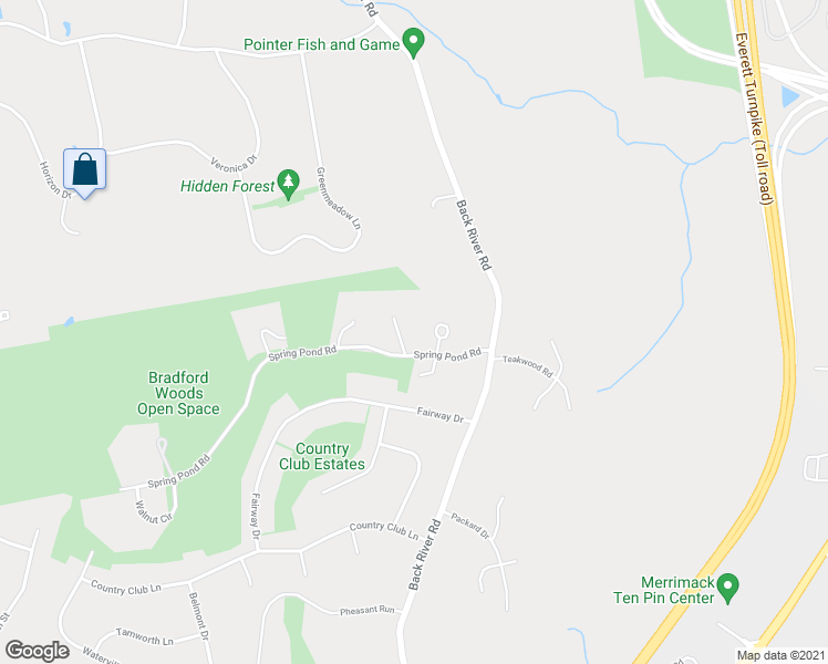 map of restaurants, bars, coffee shops, grocery stores, and more near 16 Aspen Lane in Merrimack