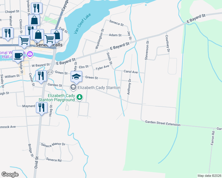 map of restaurants, bars, coffee shops, grocery stores, and more near 11 Montgomery Street in Seneca Falls