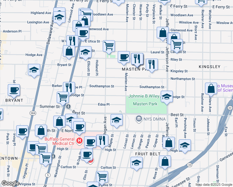 map of restaurants, bars, coffee shops, grocery stores, and more near 176 Dodge Street in Buffalo