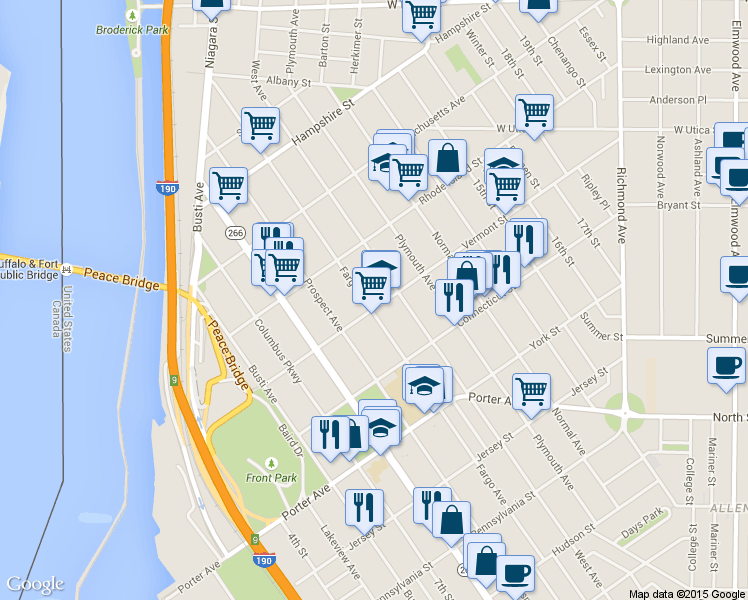 map of restaurants, bars, coffee shops, grocery stores, and more near 343 Fargo Avenue in Buffalo