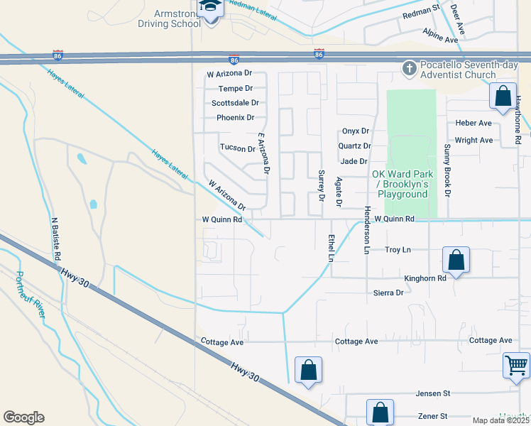 map of restaurants, bars, coffee shops, grocery stores, and more near 4 East Arizona Drive in Pocatello