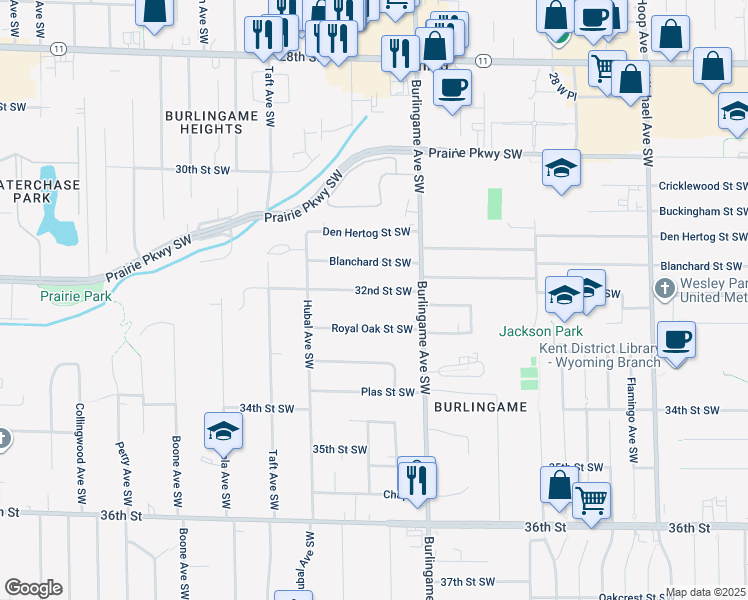 map of restaurants, bars, coffee shops, grocery stores, and more near 1658 32nd St SW in Wyoming
