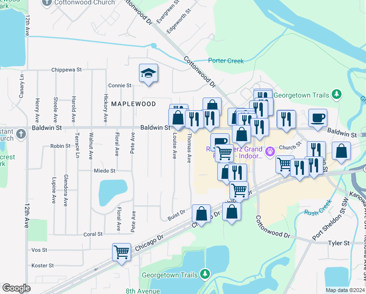 map of restaurants, bars, coffee shops, grocery stores, and more near 7533 Thomas Avenue in Georgetown Township