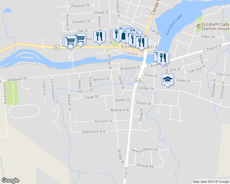 map of restaurants, bars, coffee shops, grocery stores, and more near 59 Bridge Street in Seneca Falls