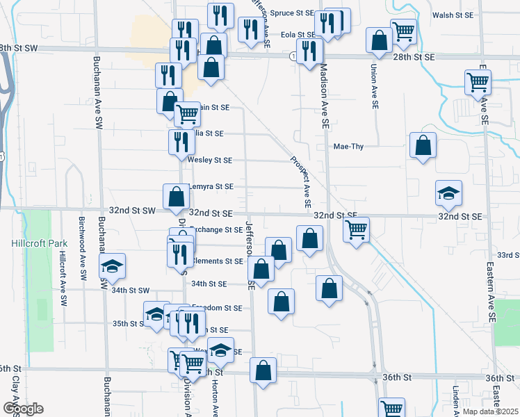 map of restaurants, bars, coffee shops, grocery stores, and more near 229 32nd Street Southeast in Grand Rapids