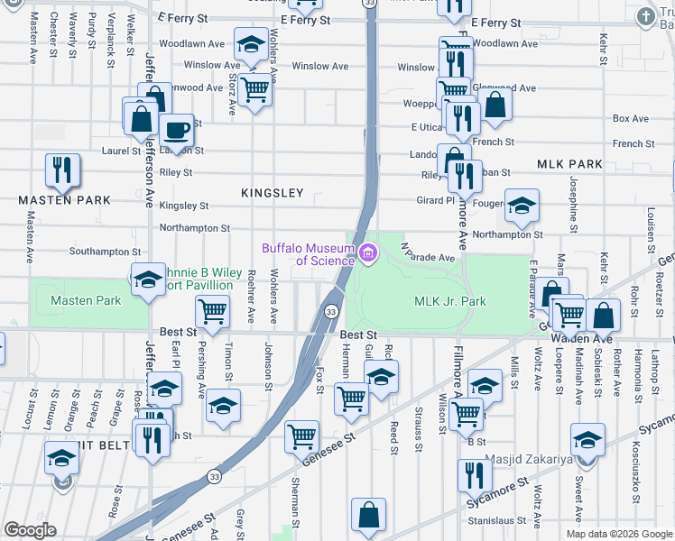 map of restaurants, bars, coffee shops, grocery stores, and more near 66 West Parade Avenue in Buffalo