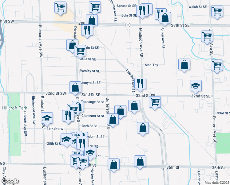 map of restaurants, bars, coffee shops, grocery stores, and more near 229 32nd Street Southeast in Grand Rapids