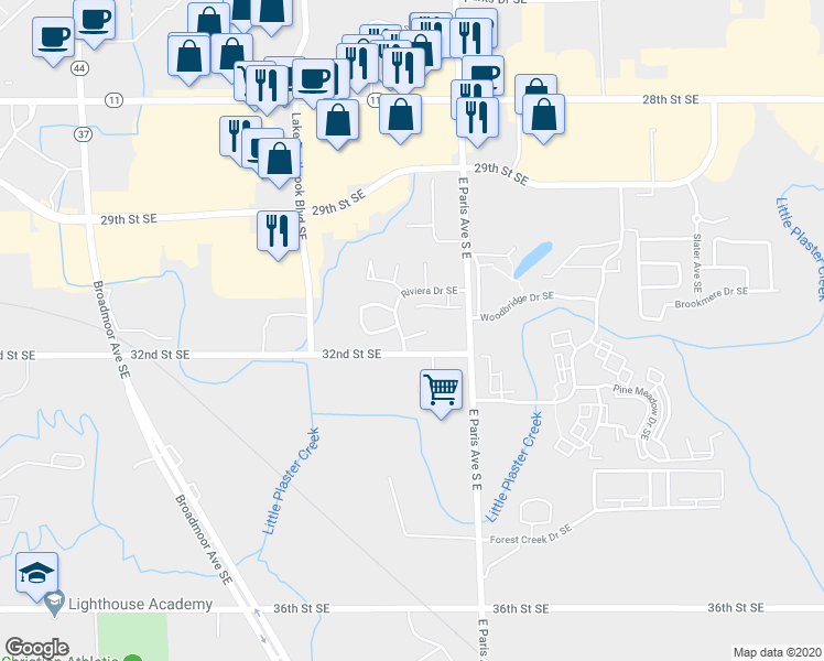 map of restaurants, bars, coffee shops, grocery stores, and more near 3926 Monte Carlo Court Southeast in Kentwood