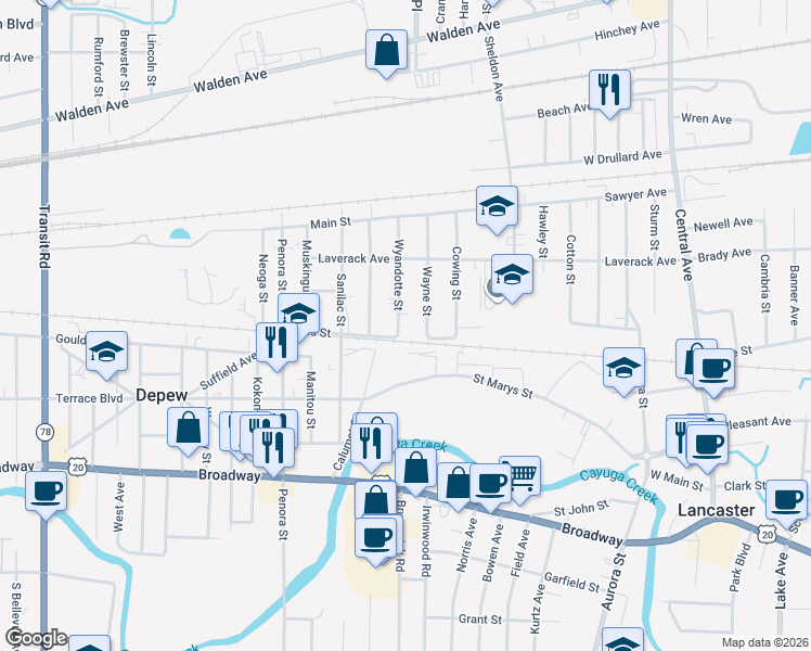 map of restaurants, bars, coffee shops, grocery stores, and more near 15 Wyandotte Street in Depew