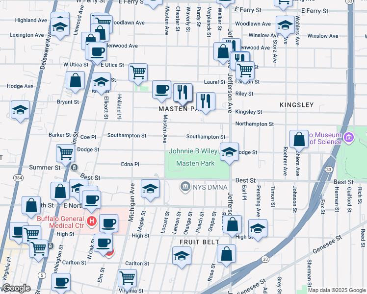 map of restaurants, bars, coffee shops, grocery stores, and more near 258 Dodge St in Buffalo