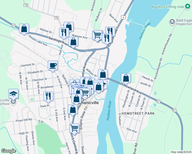 map of restaurants, bars, coffee shops, grocery stores, and more near 33 William Street in Mechanicville