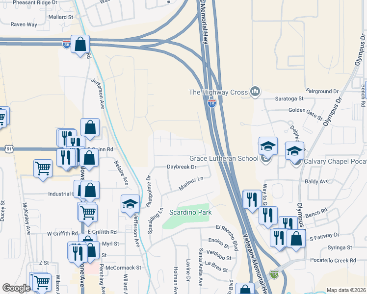 map of restaurants, bars, coffee shops, grocery stores, and more near 820 Daybreak Drive in Pocatello