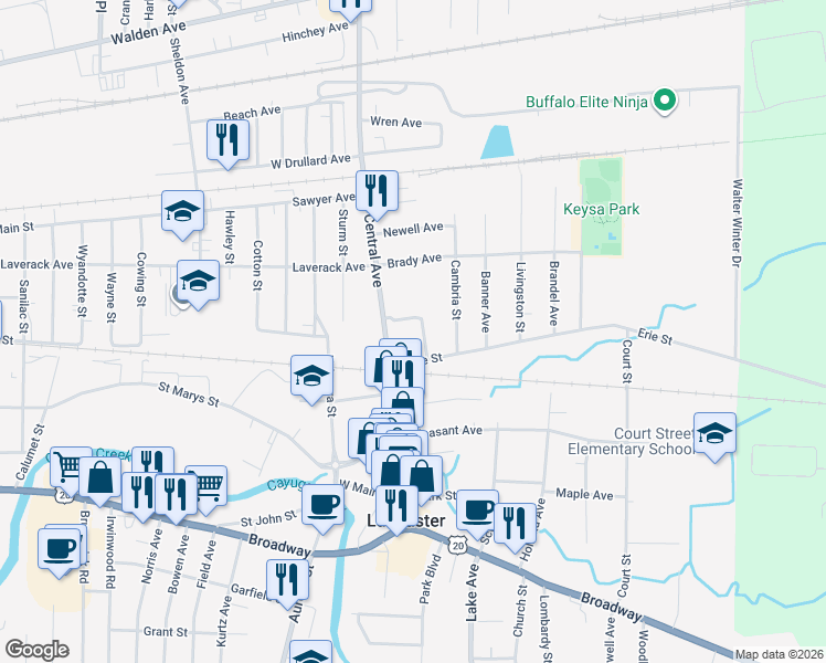map of restaurants, bars, coffee shops, grocery stores, and more near 133 Central Avenue in Lancaster