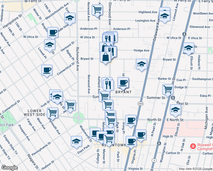 map of restaurants, bars, coffee shops, grocery stores, and more near 326 Elmwood Avenue in Buffalo