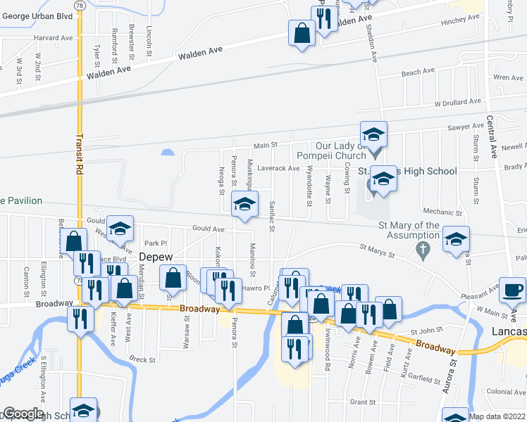 map of restaurants, bars, coffee shops, grocery stores, and more near 70 Saint James Street in Depew