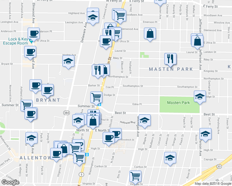 map of restaurants, bars, coffee shops, grocery stores, and more near 1030 Ellicott Street in Buffalo