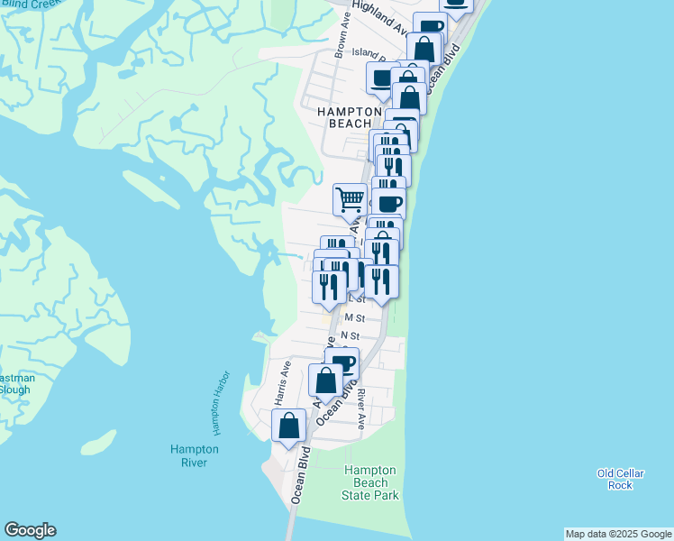 map of restaurants, bars, coffee shops, grocery stores, and more near in Hampton