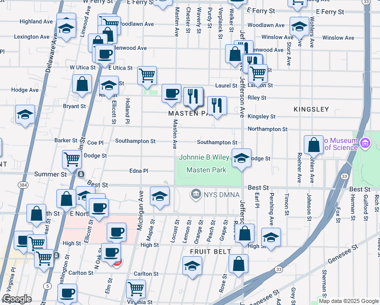 map of restaurants, bars, coffee shops, grocery stores, and more near 258 Dodge Street in Buffalo