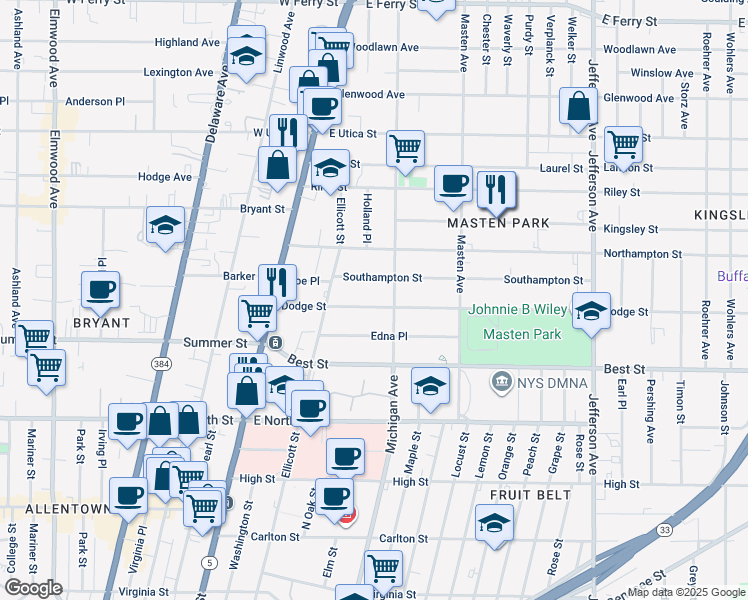 map of restaurants, bars, coffee shops, grocery stores, and more near 98 Dodge Street in Buffalo