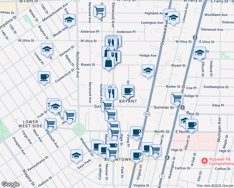 map of restaurants, bars, coffee shops, grocery stores, and more near 21 Saint Andrews Walk in Buffalo