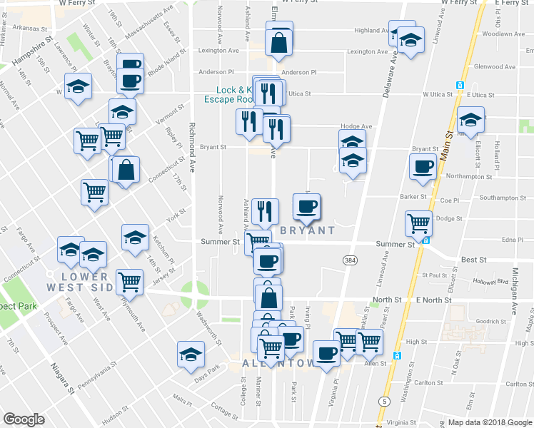 map of restaurants, bars, coffee shops, grocery stores, and more near 326 Elmwood Avenue in Buffalo
