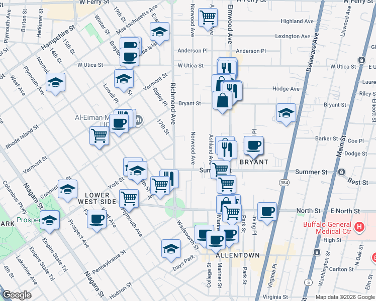 map of restaurants, bars, coffee shops, grocery stores, and more near 46 Norwood Avenue in Buffalo
