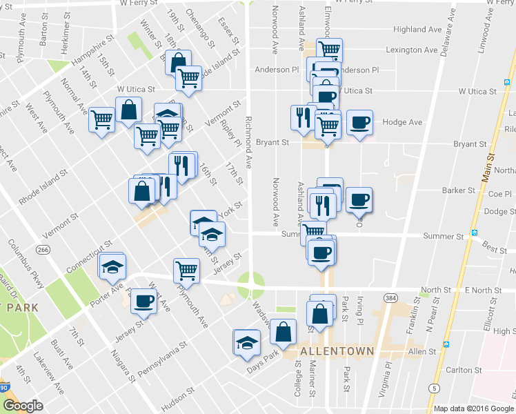 map of restaurants, bars, coffee shops, grocery stores, and more near 134 Richmond Avenue in Buffalo