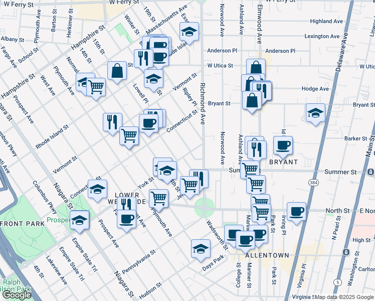 map of restaurants, bars, coffee shops, grocery stores, and more near 178 York Street in Buffalo