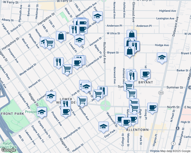 map of restaurants, bars, coffee shops, grocery stores, and more near 178 York Street in Buffalo