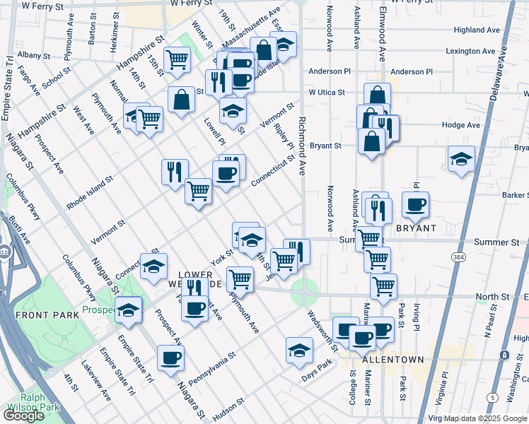 map of restaurants, bars, coffee shops, grocery stores, and more near 30 15th Street in Buffalo