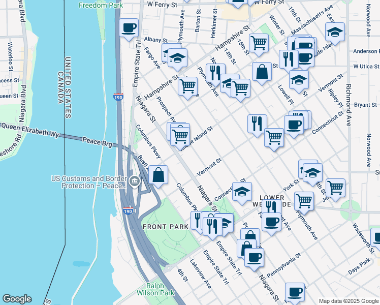 map of restaurants, bars, coffee shops, grocery stores, and more near 728 Prospect Avenue in Buffalo