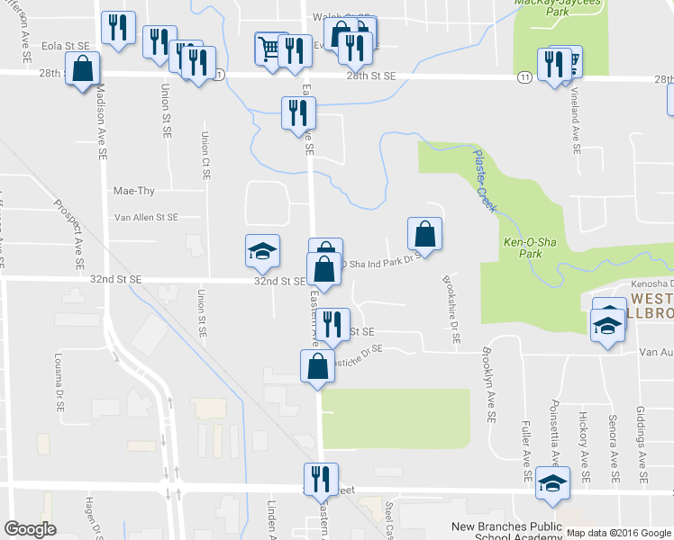 map of restaurants, bars, coffee shops, grocery stores, and more near 850 Ken O Sha Ind Park Dr SE in Wyoming