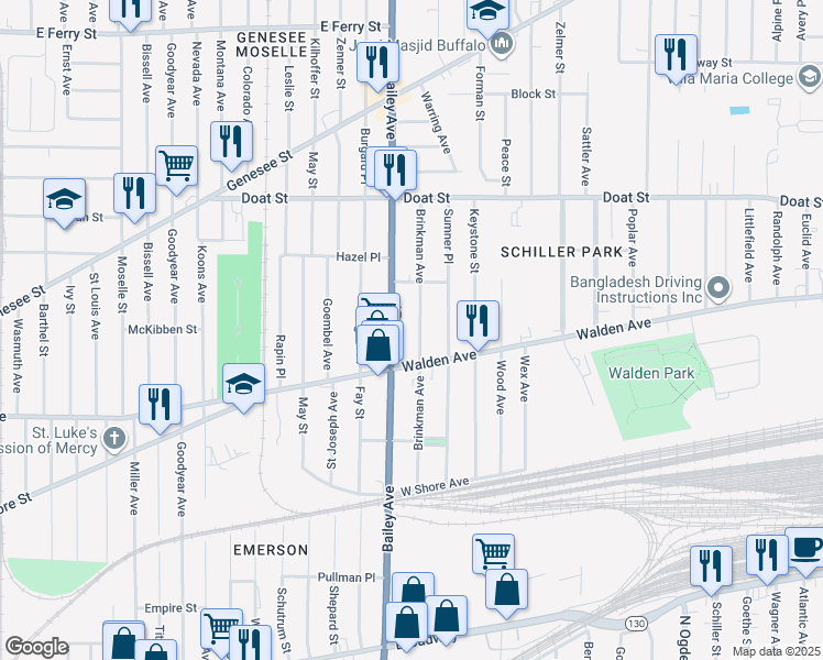 map of restaurants, bars, coffee shops, grocery stores, and more near 166 Brinkman Avenue in Buffalo