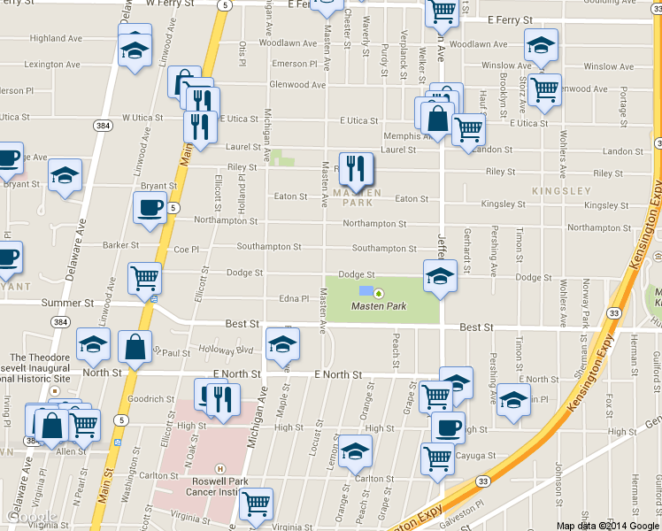 map of restaurants, bars, coffee shops, grocery stores, and more near 139 Masten Avenue in Buffalo