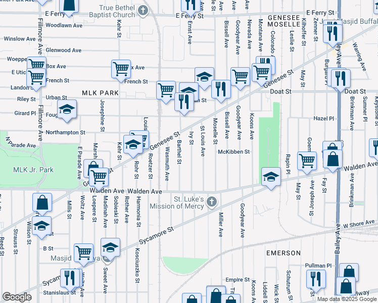 map of restaurants, bars, coffee shops, grocery stores, and more near 88 Ivy Street in Buffalo