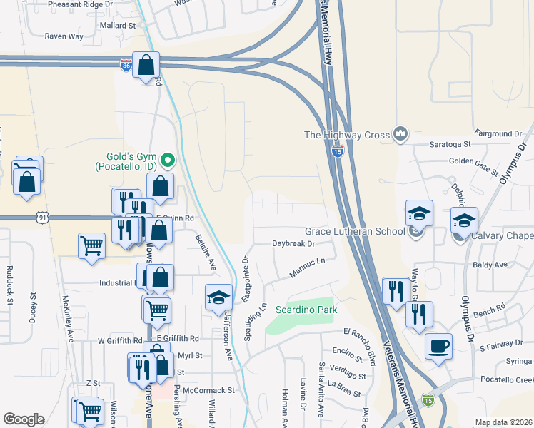 map of restaurants, bars, coffee shops, grocery stores, and more near 1620-1698 Eastpointe Drive in Pocatello