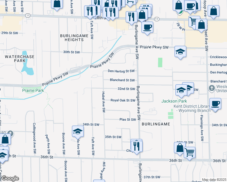 map of restaurants, bars, coffee shops, grocery stores, and more near 1730 32nd Street Southwest in Wyoming