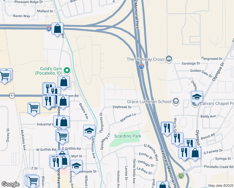 map of restaurants, bars, coffee shops, grocery stores, and more near 820 Daybreak Drive in Pocatello