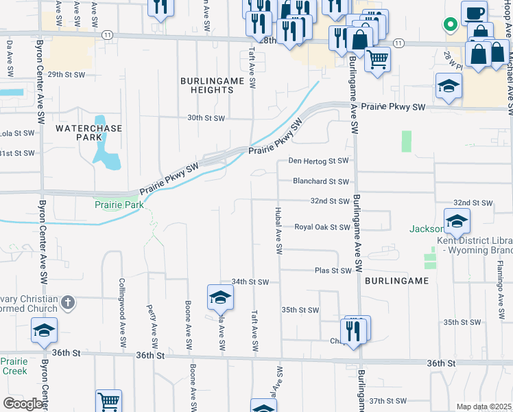 map of restaurants, bars, coffee shops, grocery stores, and more near 1832 32nd Street Southwest in Wyoming