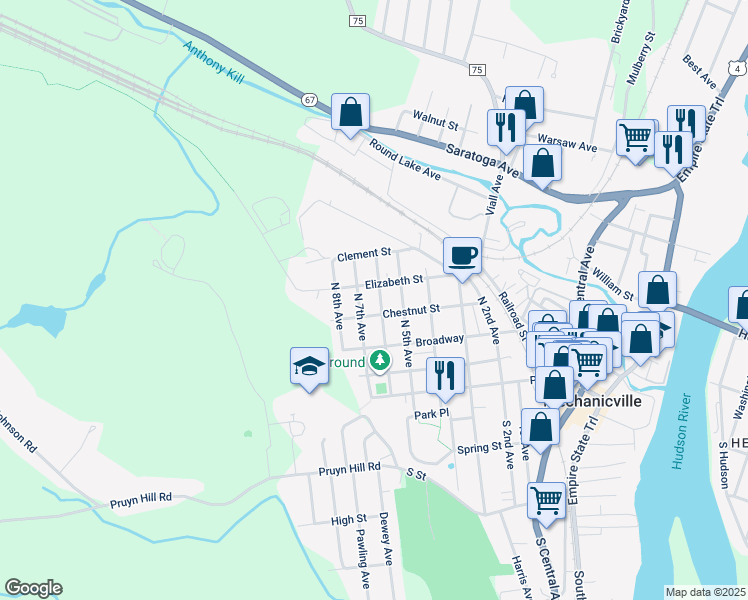map of restaurants, bars, coffee shops, grocery stores, and more near 317 N 6th Ave in Mechanicville