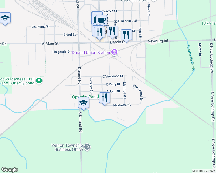 map of restaurants, bars, coffee shops, grocery stores, and more near 106 East Perry Street in Durand