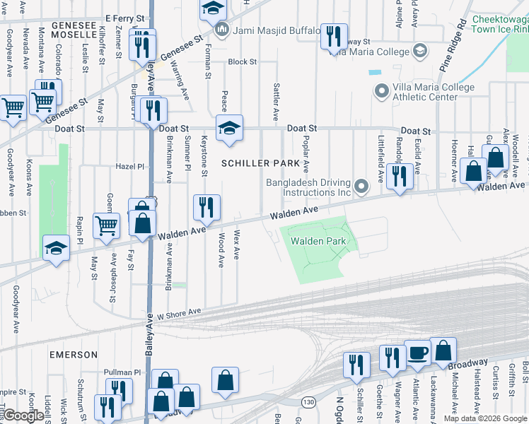map of restaurants, bars, coffee shops, grocery stores, and more near 790 Walden Avenue in Buffalo