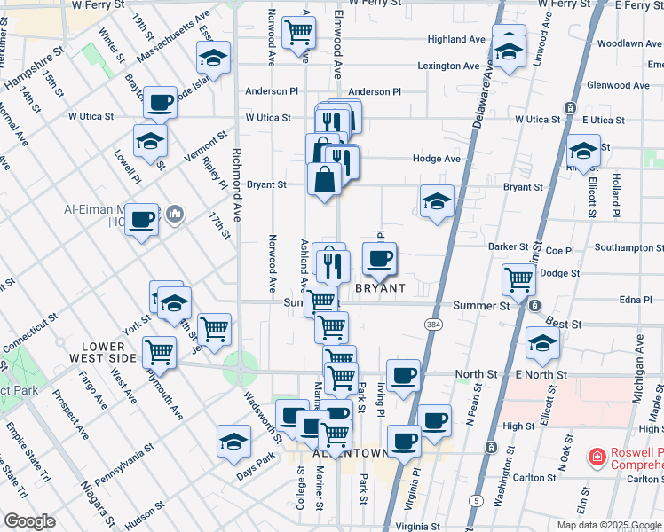 map of restaurants, bars, coffee shops, grocery stores, and more near 326 Elmwood Avenue in Buffalo