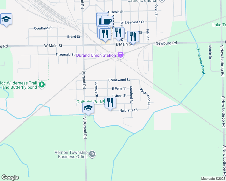 map of restaurants, bars, coffee shops, grocery stores, and more near 106 East Perry Street in Durand