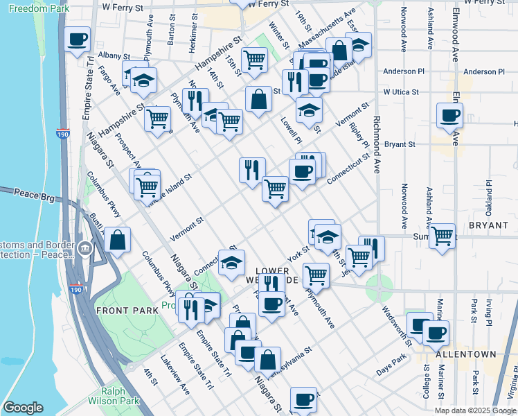 map of restaurants, bars, coffee shops, grocery stores, and more near 303 Plymouth Ave in Buffalo