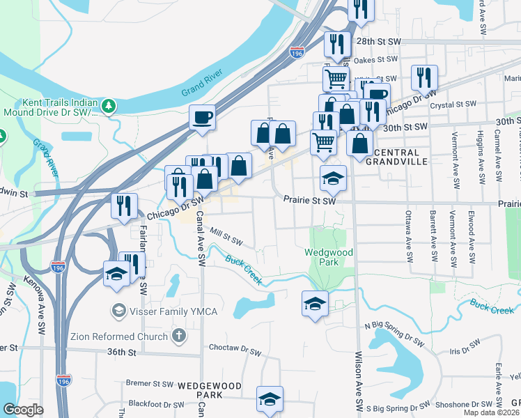 map of restaurants, bars, coffee shops, grocery stores, and more near 3228 Chestnut Avenue Southwest in Grandville