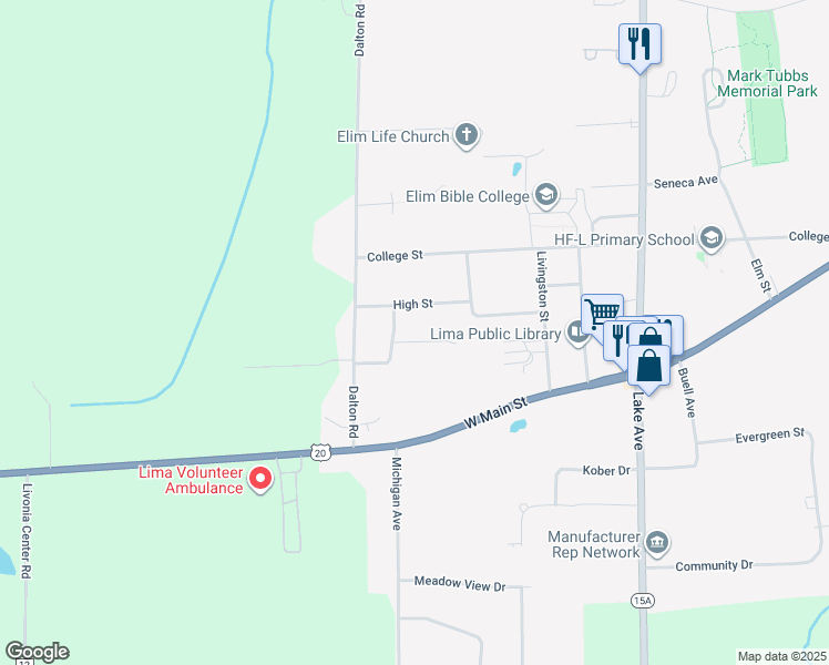 map of restaurants, bars, coffee shops, grocery stores, and more near 7155 Eastwood Circle in Lima