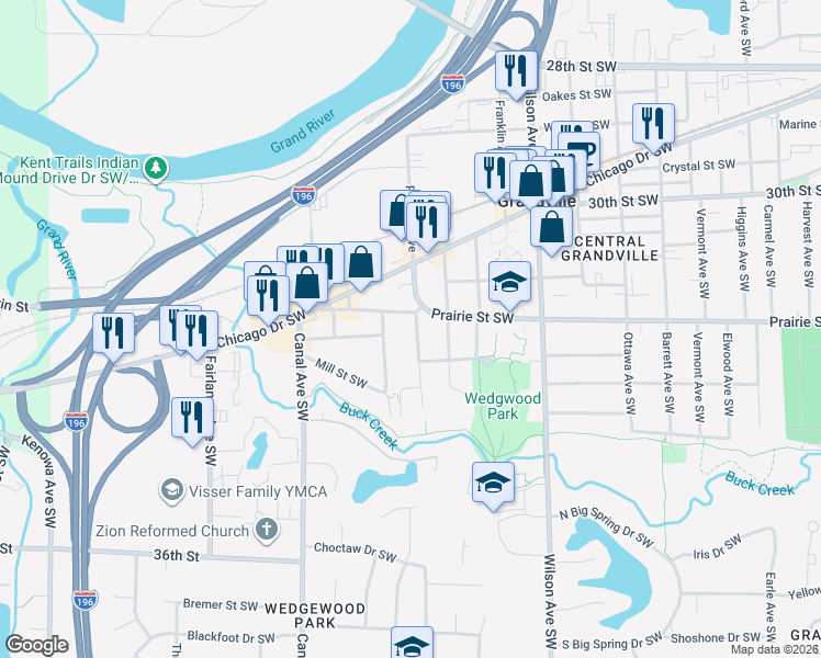 map of restaurants, bars, coffee shops, grocery stores, and more near 3228 Chestnut Avenue Southwest in Grandville