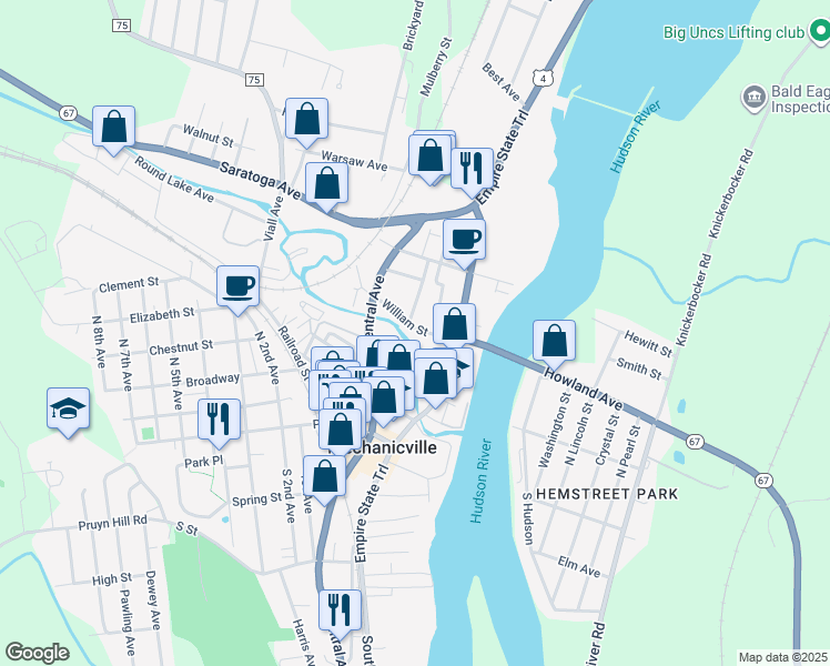 map of restaurants, bars, coffee shops, grocery stores, and more near 33 William Street in Mechanicville