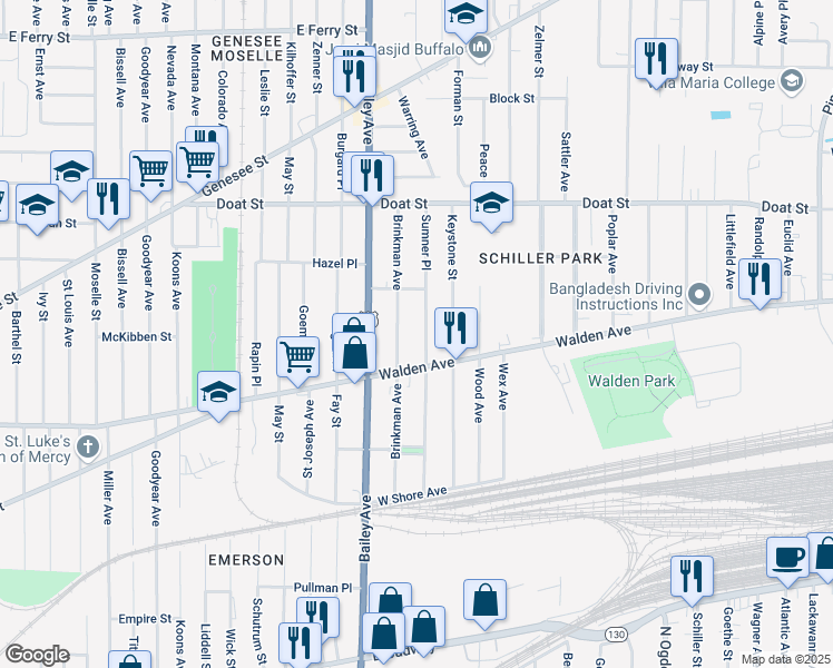 map of restaurants, bars, coffee shops, grocery stores, and more near 168 Sumner Place in Buffalo